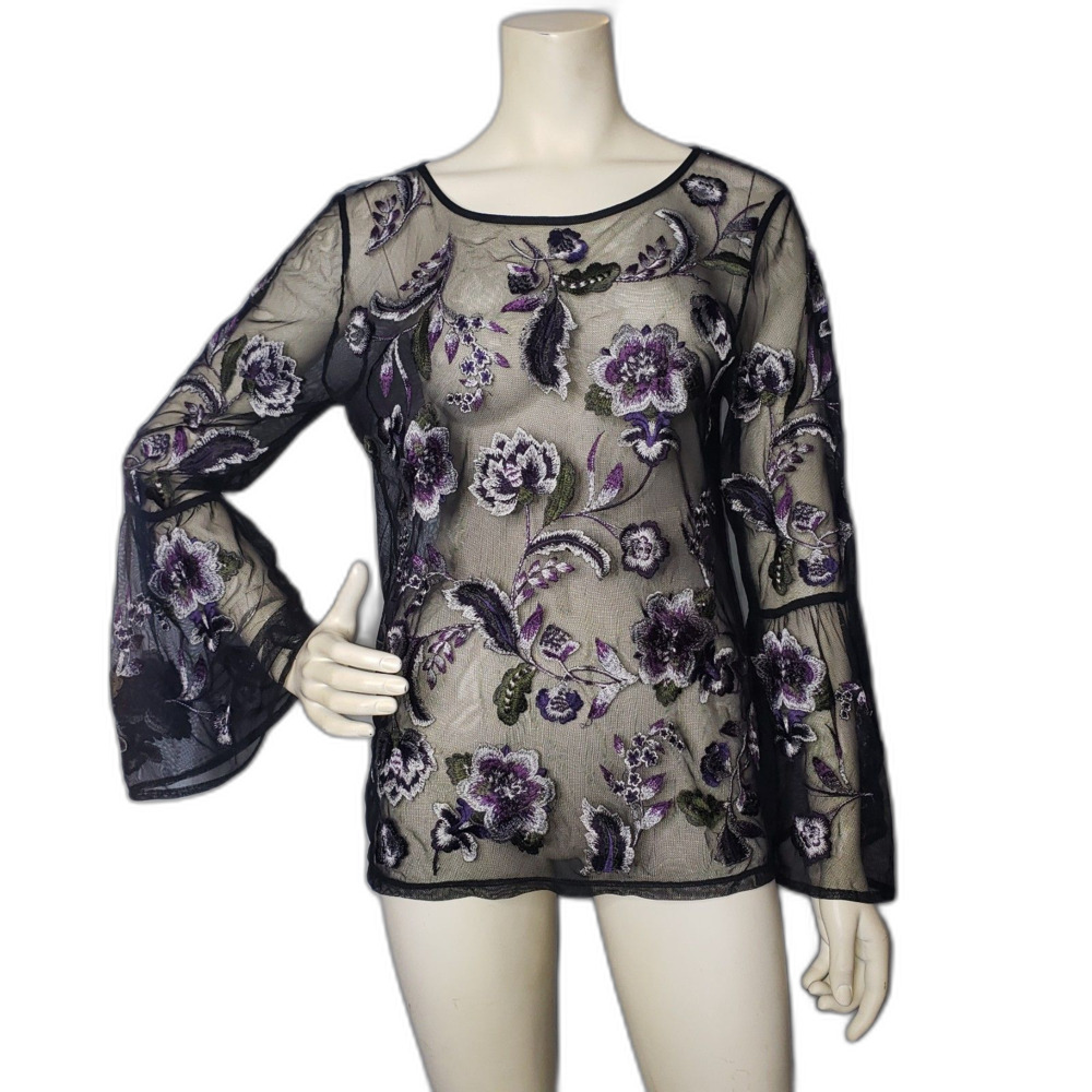 INC International Concepts Sheer Black Purple Embroidered Blouse Womens Size PXL
